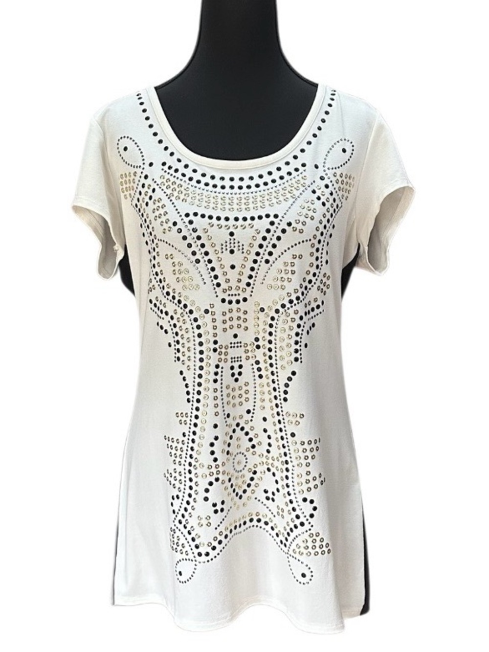 Cache White Short Sleeve Scoop Neck Studded Tee Size L NWT